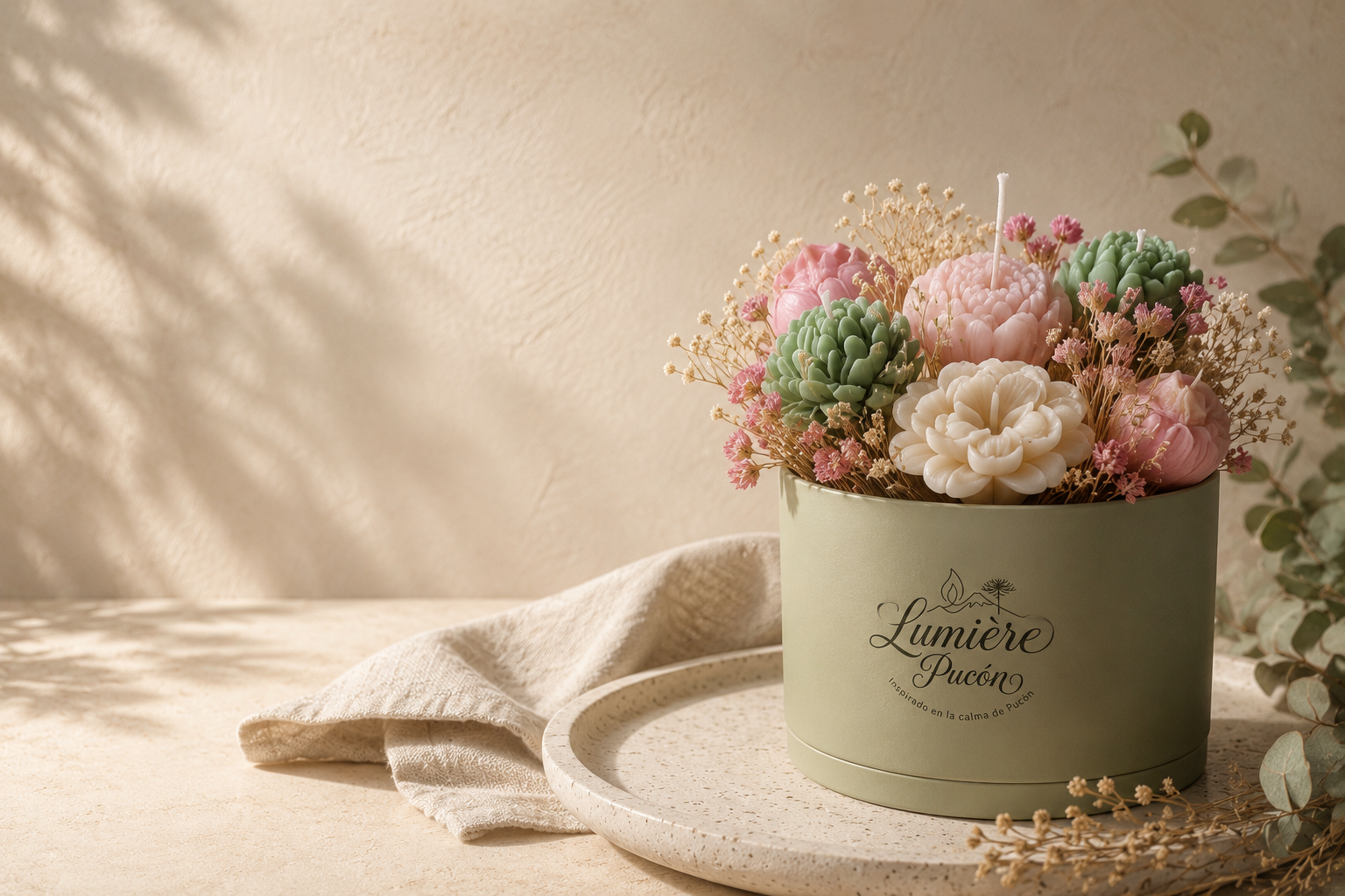 Arreglo floral de cera artesanal en caja cilíndrica color salvia, con flores en tonos rosa, marfil y verde, sobre bandeja de piedra y lino en luz natural cálida